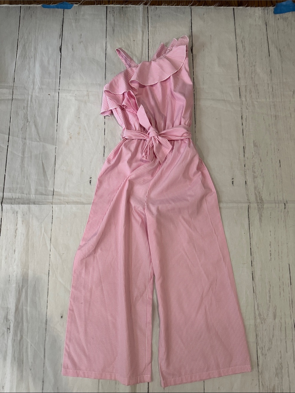 Habitual Girls Pink Striped One-Shoulder Wide-Leg Jumpsuit Romper  Tie Waist 12